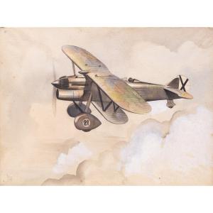 Tecnica mista su carta, di Luciano Bonacini, “Aereo Caccia Monoposto”, firmato, Anni '30/'40