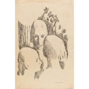 Disegno carboncino su carta, “Tre sorelle”, di Felice Casorati, firmato, 1946