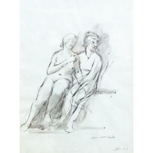 Inchiostro acquerellato su carta, “Studio per le due sorelle”, di Giacomo Manzù, firmato, 1943
