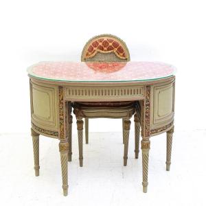 Toeletta in Stile Luigi XVI con sedia, in legno intagliato e decorato, Primi '900