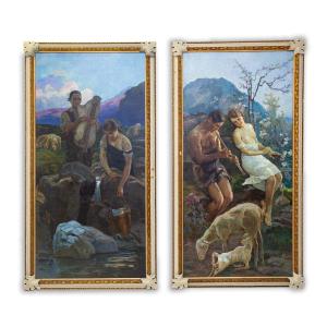 Coppia di grandi dipinti , olio su tela, di Gino Piccioni, "Alla sorgente", "Idillio", 1930