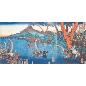 Silografia policroma su carta washi, Ujigawaô-kassen La battaglia degli Uji River 1839
