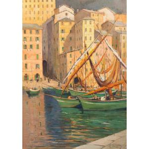 Olio su tavola, di Giovanni Colmo, "Borgo di Camogli", Anni '40, firmato