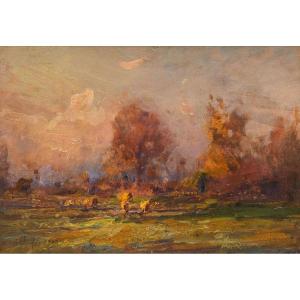 Alessandro Lupo (Torino, 1876 – Torino, 1953), "Peasaggio al tramonto", olio su compensato 1909