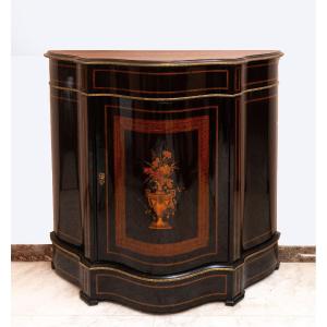 Credenzina stile Boulle, laccata nera con intarsi decorativa, Epoca '800