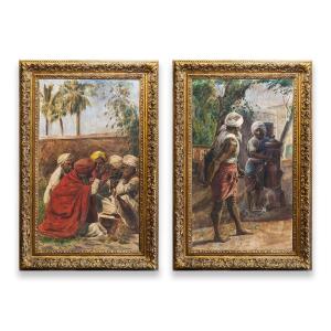 Coppia di Grandi acquerelli su carta, di Eusebio Scribante, "Scene Orientaliste", Epoca '800