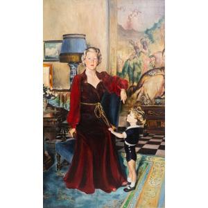 Grande dipinto olio su tela, "Nobildonna e bambino", firmato, Anni '40