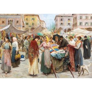 Fabio Fabbi, "Mercato di Firenze", olio su tela, Epoca Primi del '900