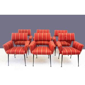 Set di sei poltrone di design con rivestimento rosso originali, Anni '50 