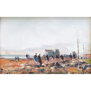Carlo Follini "Spiaggia di Bordighera", olio su tavola, firmato e datato, 1929
