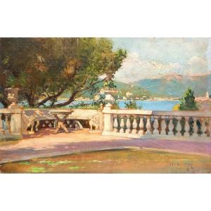 Alberto Rossi, olio su tavola, "Terrazza sul Lago Maggiore", firmato, 1920