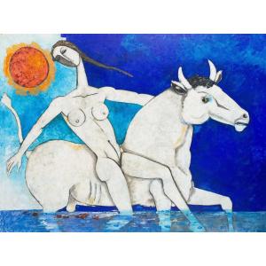 Grande dipinto di Bruno Landi, "Il Ratto d'Europa", firmato, olio su tela, 1995
