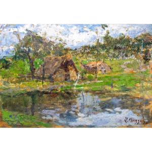 Leonardo Bazzaro, "Paesaggio Rurale", olio su tavola, firmato, Primi '900