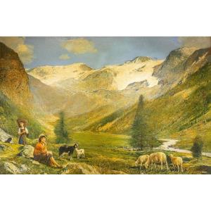 Gino Federici, “Scena pastorale alpina”, olio su tela, firmato, XX Secolo