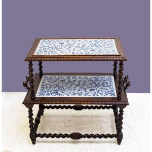 Tavolino in noce con Due Ripiani in Ceramica Decorata, Fine '800