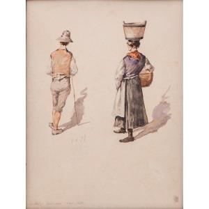 Lorenzo Delleani, "Figure Popolari", acqurello su carta, 1.8.1899