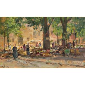 Carlo Follini, "Scena di Mercato", olio su tavola, firmato e datato 1930