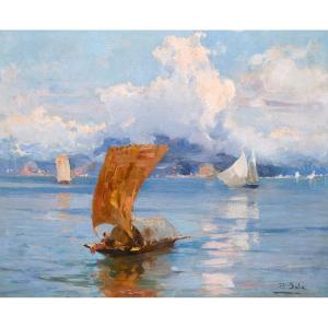Paolo Sala, "Marina Ligure", olio su tela, firmato, Primi '900