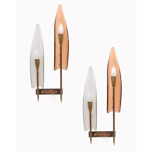 Coppia di Lampade da parete - Cristal Art, vetro e ottone, 1960