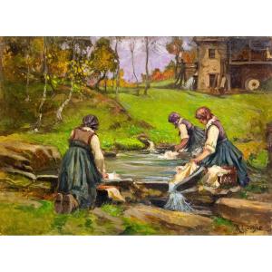 Mario Gachet, "Lavandaie", olio su tavola, firmato, Epoca XX Sec.