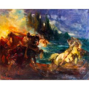 Giuseppe Rivaroli, "Scena Mitologica", olio su tela, firmato, Epoca '900