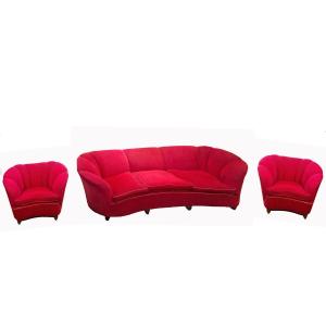 Salotto in velluto rosso, stile Gio' Ponti, Anni '50