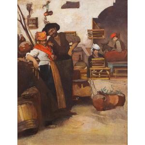 Alessandro Milesi, "Coppia di innamorati", olio su tavola, firmato, Epoca Inizi XX secolo