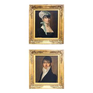 "Ritratti di Coppia", olio su tela, firmato, Epoca '800