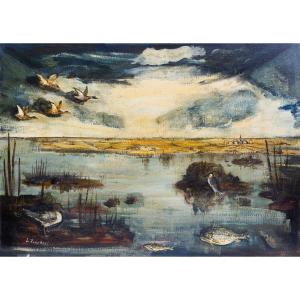 Luigi Zuccheri, “Laguna al crepuscolo”, olio su tela, Epoca '900