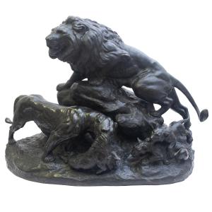 Edmond Masson, “Gruppo di Leoni", bronzo, firmato, metà del XIX secolo
