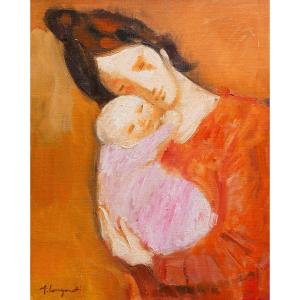 Trento Longaretti, « Maternité », huile sur toile, signée, 1989