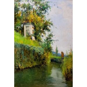 Giovanni Colmo, "Paesaggio fluviale", olio su cartone, firmato, Epoca '900