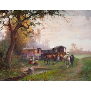 "Leonardo Roda, "Nomadi", olio su tela, firmato, Primi del '900"