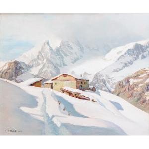 Angelo Abrate, “Momento invernale a La Suche -Courmayeur”, olio su tavola, firmato, 1949