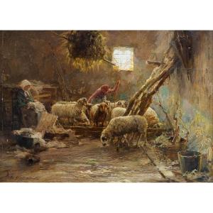 Giuseppe Gheduzzi, "Interno di stalla", olio su tavola, firmato, Epoca '900