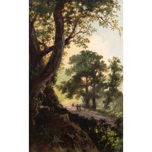 Giuseppe Camino, olio su carta, "Paesaggio con Figure", firmato, Epoca '800