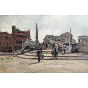 Giuseppe Gheduzzi, "Giornata grigia a Venezia", olio su tela, firmato, Epoca Inizio '900