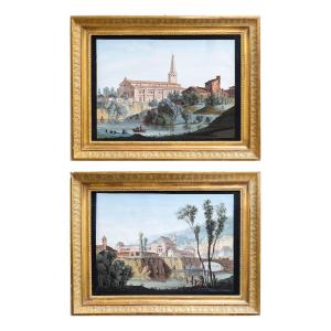 "Vedute Fluviali con Architetture Monumentali", acquerello su carta, Epoca '800