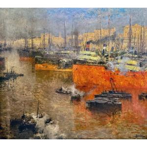 Ludovico Cavaleri, "Sole morente nel porto di Savona", firmato,1929