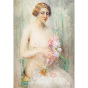 Luigi Serralunga, Figura femminile con fiori, Olio su tela, Fine '800 Primi '900