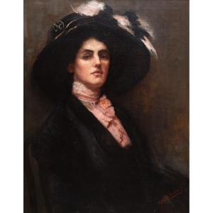 Gwynedd May Hudson, “Eleganza Vittoriana”, olio su tela, firmato, Epoca Primi '900