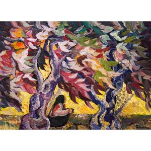 Saverio Terruso,  “Raccolta”, olio su tela, firmato, Epoca '900