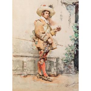 Ludovico Marchetti, "Ritratto di spadaccino", acquerello su carta, firmato, 1876
