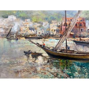 Guido Odierna, "Porto di Capri" olio su tela, firmato, Epoca '900