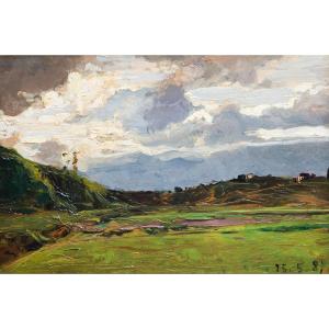 Lorenzo Delleani, "Paesaggio collinare", olio su tavoletta,1887