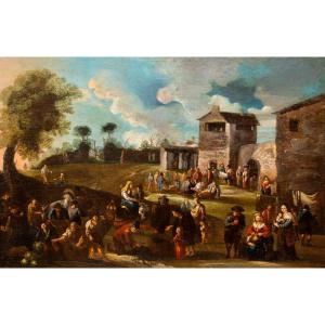 Dipinto Fiammingo, olio su tela, "Scena di Genere", XVIII Secolo