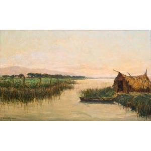 Alberto Cecconi, "Paesaggio fluviale", olio su tela, Anni '40
