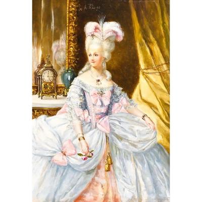 "Elégante dame de la cour" - Peinture sur panneau d'Antonio Rivas
