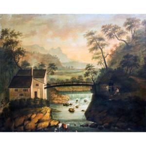 Grande peinture, huile sur toile, "Paysage de rivière avec personnages et animaux", 19ème s.