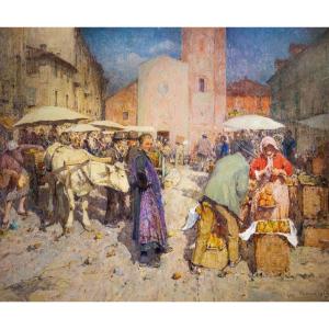 Marché Au Poivre à Chivasso Huile Sur Toile, 180 X 200 Cm Signé, Daté Et Situé 1919, En Bas à D